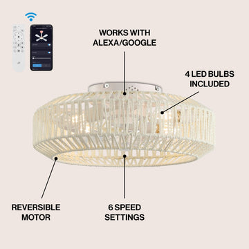 Rowan 19.5" 4-Light Modern Bohemian 6-Speed Metal/Rattan Mobile-App/Remote-Controlled Lantern LED Ceiling Fan - JONATHAN Y